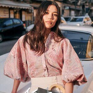 Sézane Lilwen Shirt in Pastel Jacquard Foliage ~ size FR40, NWOT!